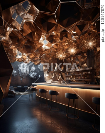 Futuristic geometric bar with copper accents and ambient lighting 120147879