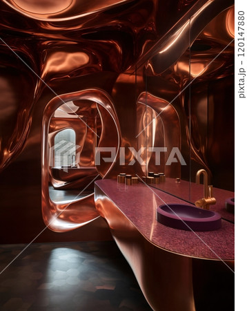 Futuristic copper bathroom with organic design and sculptural mirror 120147880