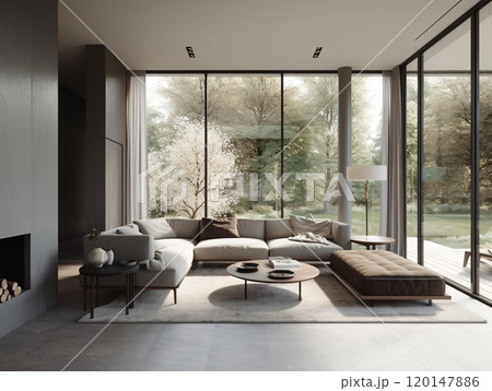 Modern minimalist living room with large windows overlooking nature 120147886