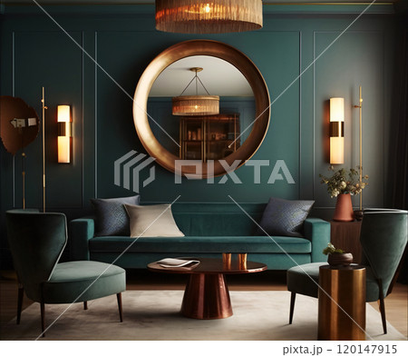 Elegant modern living room with teal decor and copper accents 120147915