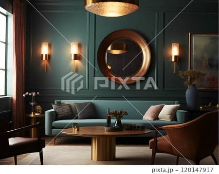 Elegant modern living room with teal sofa and copper accents 120147917