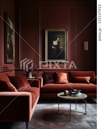 Elegant moody living room with velvet sofas and classical art in a luxurious setting 120147918