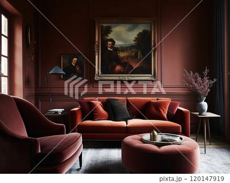 Elegant living room with red velvet sofa and classic art in vintage style 120147919