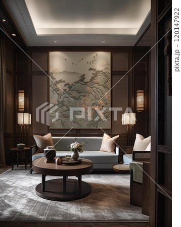 Elegant modern living room interior with asian-inspired art and contemporary decor elements 120147922