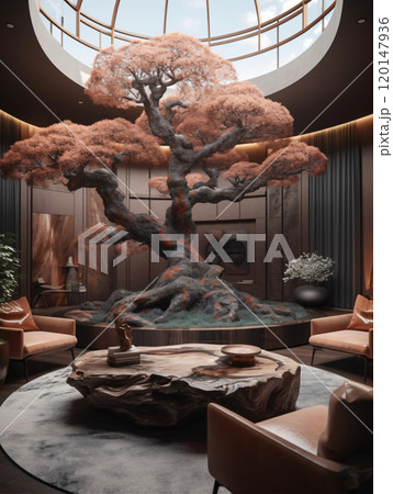 Luxurious interior with artistic bonsai and modern furniture design Luxurious interior with artistic bonsai and modern furniture design 120147936