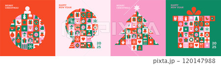 Christmas card templates set. Geometric icons in abstract modern geometric flat style. Winter posters collection - bauble, snowball, pine tree and gift box silhouettes. Bauhaus design. Vector Christmas card templates set. Geometric icons in abstract modern geometric flat style. Winter posters collection - bauble, snowball, pine tree and gift box silhouettes. Bauhaus design. Vector 120147988