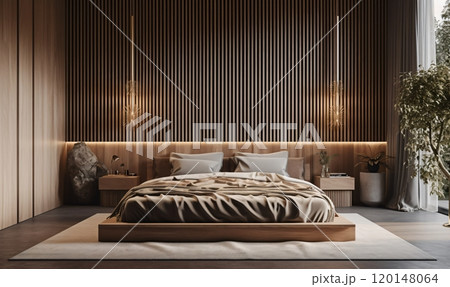 Modern minimalist bedroom with wooden accents and natural light 120148064