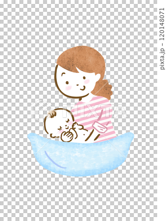 Hand drawn illustration of a mother bathing her baby Hand drawn illustration of a mother bathing her baby 120148071