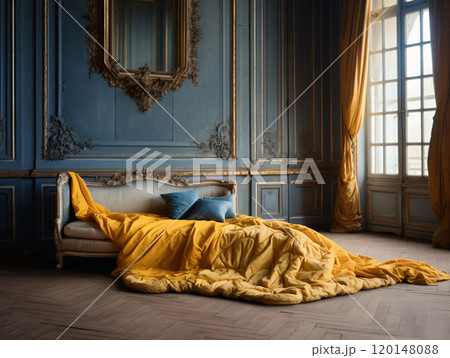Elegant vintage room with yellow blanket and blue cushions on antique sofa 120148088