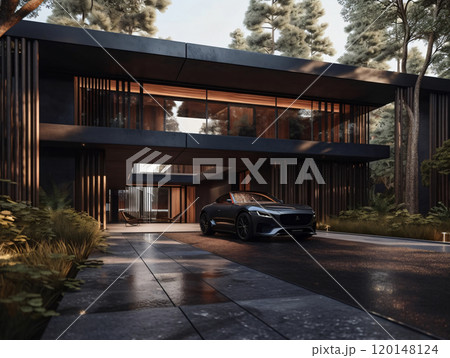 A black car parked in front of a modern design house in a dramatic setting. AI generated. 120148124