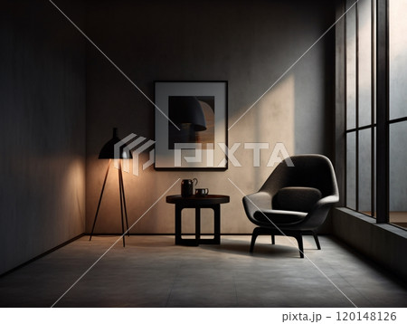 Modern minimalism: chic lounge interior with stylish armchair and floor lamp in subtle lighting 120148126