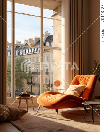 Cozy urban retreat: stylish orange chair in modern apartment with large windows overlooking city 120148127