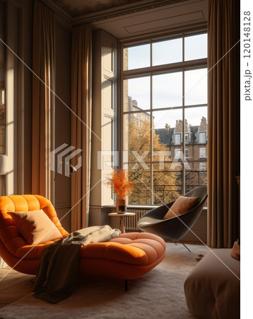 Cozy reading nook with stylish orange chaise in sunlit room with large window view 120148128