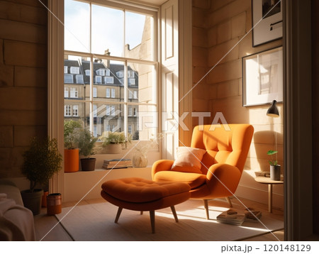 Cozy sunlit reading nook with orange armchair by bright window in modern living room 120148129