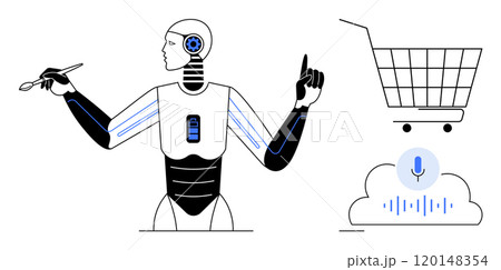 A robot with a pencil and a raised finger is next to a shopping cart and a voice command symbol on a cloud. Ideal for artificial intelligence, robotics, automation, e-commerce, and voice recognition A robot with a pencil and a raised finger is next to a shopping cart and a voice command symbol on a cloud. Ideal for artificial intelligence, robotics, automation, e-commerce, and voice recognition 120148354