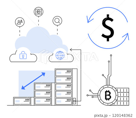 Cloud computing elements with data security, global access, and server icons. A dollar sign within a circular arrow signifies currency exchange. A Bitcoin symbol next to a tech circuit represents Cloud computing elements with data security, global access, and server icons. A dollar sign within a circular arrow signifies currency exchange. A Bitcoin symbol next to a tech circuit represents 120148362