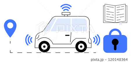 Cartoon-style autonomous car with connectivity signals, GPS location pin, open book, and padlock icon. Ideal for technology, autonomous vehicles, internet of things, smart transport, and data Cartoon-style autonomous car with connectivity signals, GPS location pin, open book, and padlock icon. Ideal for technology, autonomous vehicles, internet of things, smart transport, and data 120148364