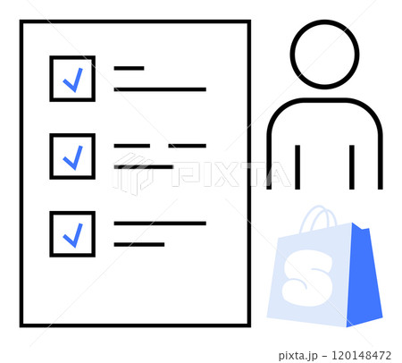 Black outline of a person along with a checklist featuring three tasks marked with blue check marks, next to a shopping bag marked with an S ideal for task management productivity shopping 120148472