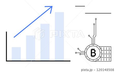 Increasing bar graph with an upward arrow. Bitcoin symbol connected with technology-like lines. Ideal for financial growth, cryptocurrency trends, blockchain technology, investment strategies 120148508