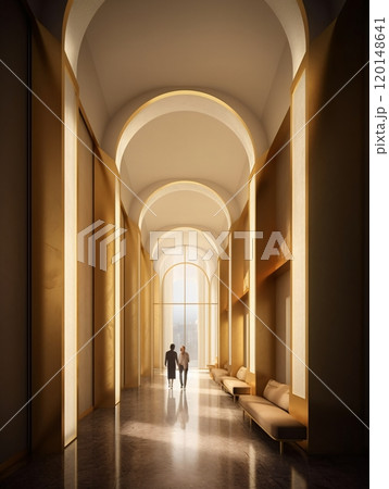 Modern architectural interior with golden arches and natural light 120148641