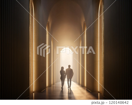 Elegant silhouettes walking through dramatic lit corridor in modern architectural setting 120148642