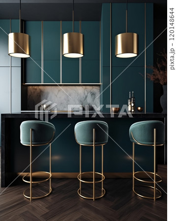 Modern luxury kitchen with teal accents and gold fixtures 120148644