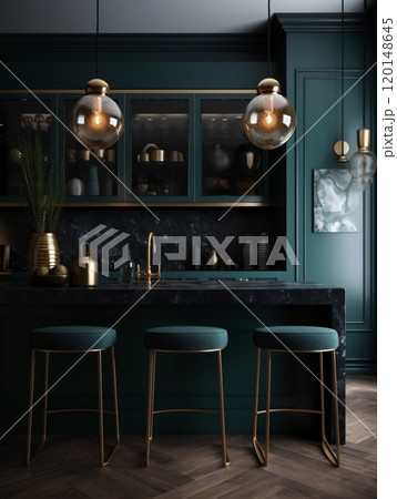 Luxurious modern kitchen with emerald green cabinets and elegant brass accents 120148645