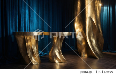 Luxury modern sculpted golden tables with elegant blue velvet background 120148659