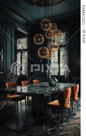 Luxurious marble dining room with orange accents and modern lighting 120148665
