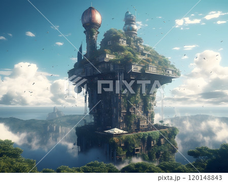 Futuristic floating city with lush vegetation and advanced architecture in a cloudy sky 120148843