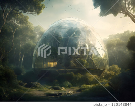 Futuristic geodesic dome home in lush forest setting illuminated by soft morning light 120148844