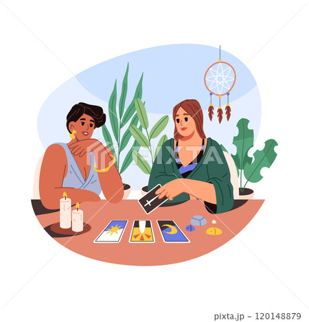 Tarologist woman with cards. Vector tarot woman 120148879
