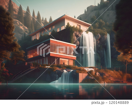 Modern architecture amidst waterfalls and mountains in a tranquil forest setting 120148889