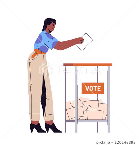 Woman throw bulletin at ballot box. Vector voting Woman throw bulletin at ballot box. Vector voting 120148898