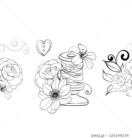 Vintage spool of thread with romantic flower and buttons, pins. Sewing tools seamless background, pattern for printing, fabric, decor. Graphic vector line, hand drawn, black silhouette Vintage spool of thread with romantic flower and buttons, pins. Sewing tools seamless background, pattern for printing, fabric, decor. Graphic vector line, hand drawn, black silhouette 120149254