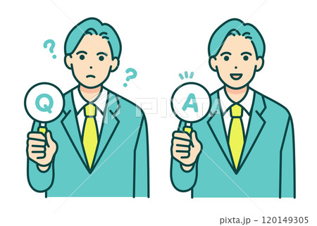 スーツを着た男性。Q&Aの札を持つ先生のベクターイラスト素材。 スーツを着た男性。Q&Aの札を持つ先生のベクターイラスト素材。 120149305