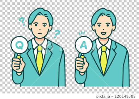 スーツを着た男性。Q&Aの札を持つ先生のベクターイラスト素材。 スーツを着た男性。Q&Aの札を持つ先生のベクターイラスト素材。 120149305