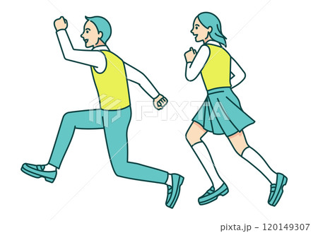 走者のように駆ける男子と女子。全身を描いた元気な学生たちのベクターイラスト素材。 走者のように駆ける男子と女子。全身を描いた元気な学生たちのベクターイラスト素材。 120149307