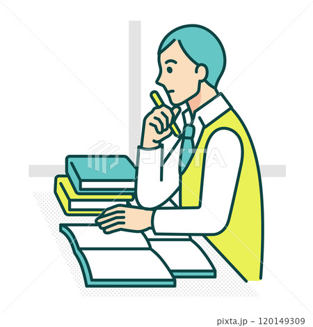 ノートを開き考える男子高校生。机で勉強する男の子のベクターイラスト素材。 120149309