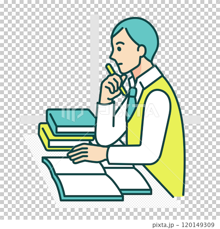 一名高中生打開筆記本思考。一個男孩在書桌前學習的向量插圖。 120149309