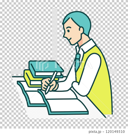 Class scene. Vector illustration of a student opening a textbook and solving a problem. 120149310