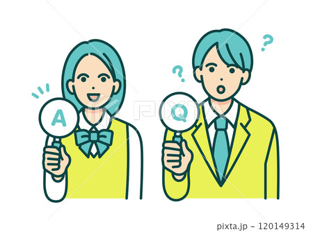 よくある質問と答え。Q&Aの札を持つ男女の学生のイラスト素材。 120149314