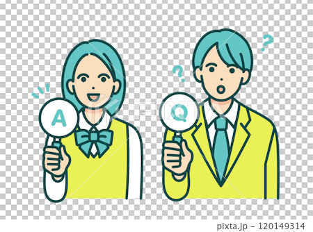 よくある質問と答え。Q&Aの札を持つ男女の学生のイラスト素材。 120149314
