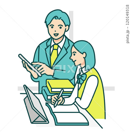 先生がタブレットを使って指導する。真面目に勉強に取り組む女の子のイラスト素材。 先生がタブレットを使って指導する。真面目に勉強に取り組む女の子のイラスト素材。 120149318