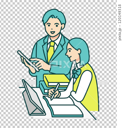 The teacher uses a tablet to teach. Illustration of a girl studying seriously. 120149318