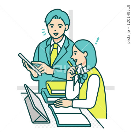 先生と学生服を着た生徒。学校でタブレット使用し勉強を教わるイラスト。 120149319