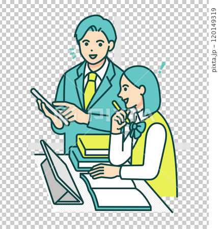 先生と学生服を着た生徒。学校でタブレット使用し勉強を教わるイラスト。 120149319