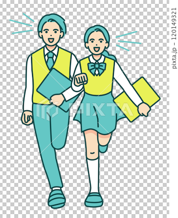 穿著校服的男男女女臉上都帶著微笑衝刺。青少年的簡單向量插畫素材。 120149321