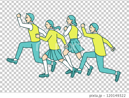 四個年輕人邊跑邊跳。接近高中生的簡單向量插畫素材。 120149322