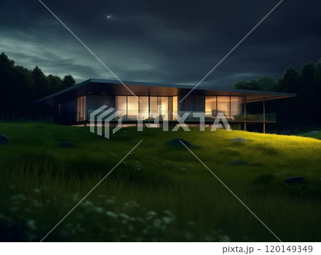 Modern glass house at night with glowing warm interiors in serene forest setting 120149349